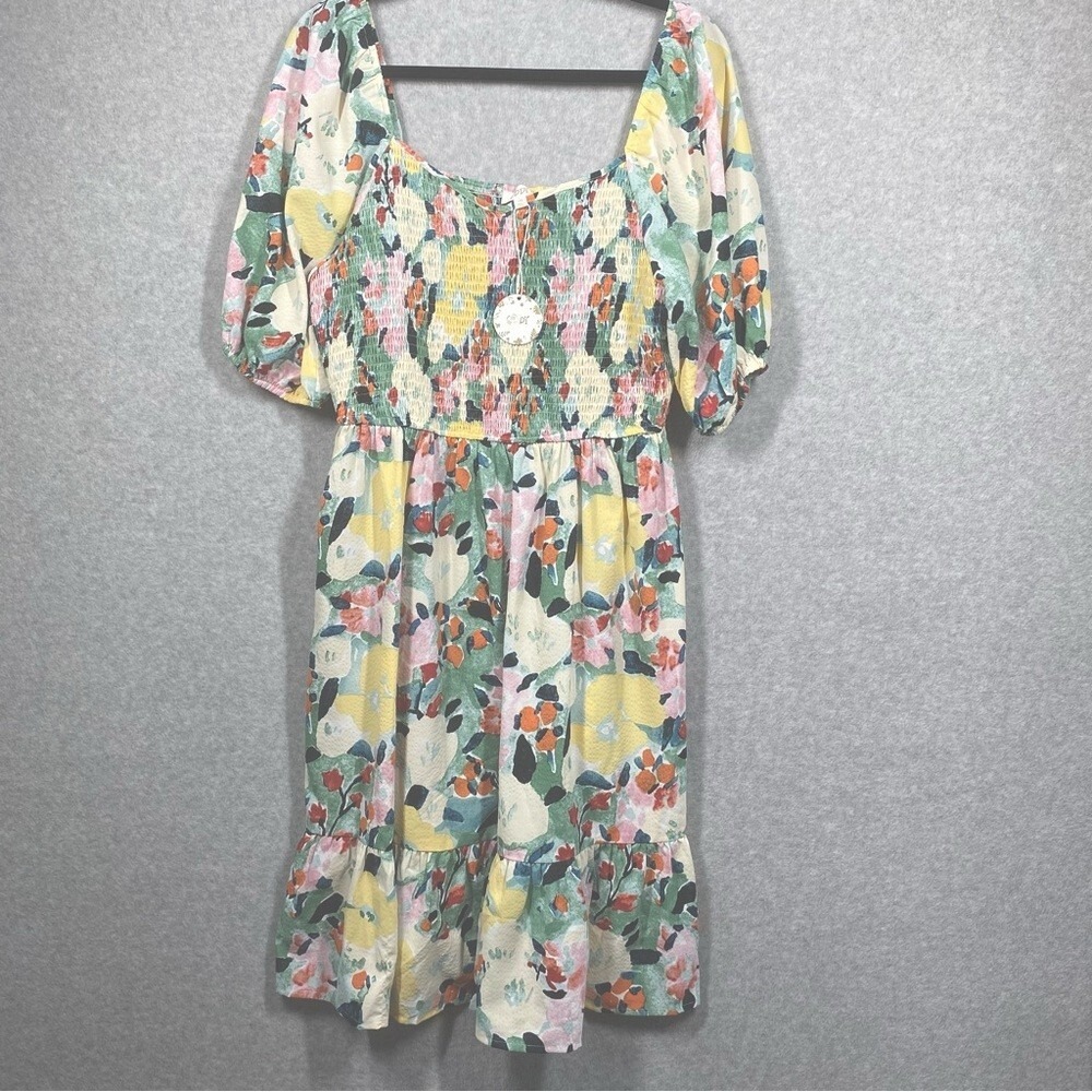 NWT ODDI Womens Dress 1XL Balloon Sleeves Smocked Bodice Floral A line Midi